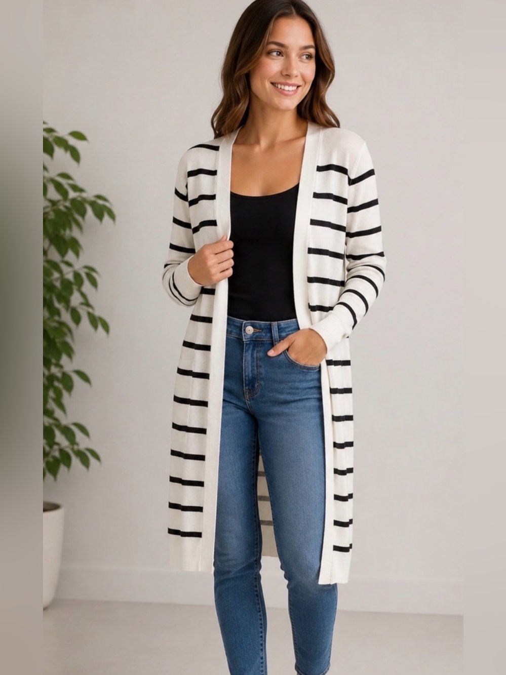 A New Day Striped Black and White Lightweight Cardigan, Large, EUC